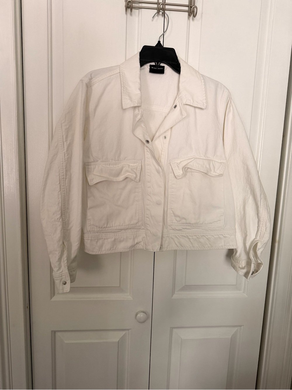Miou Muse White Denim Jacket with Buttons & Front Pockets